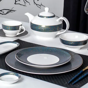 Royal Luxury White Ceramic Bone China Blue Gold Edge Dinner Plate Bowl Dinnerware For Hotel Restaurant