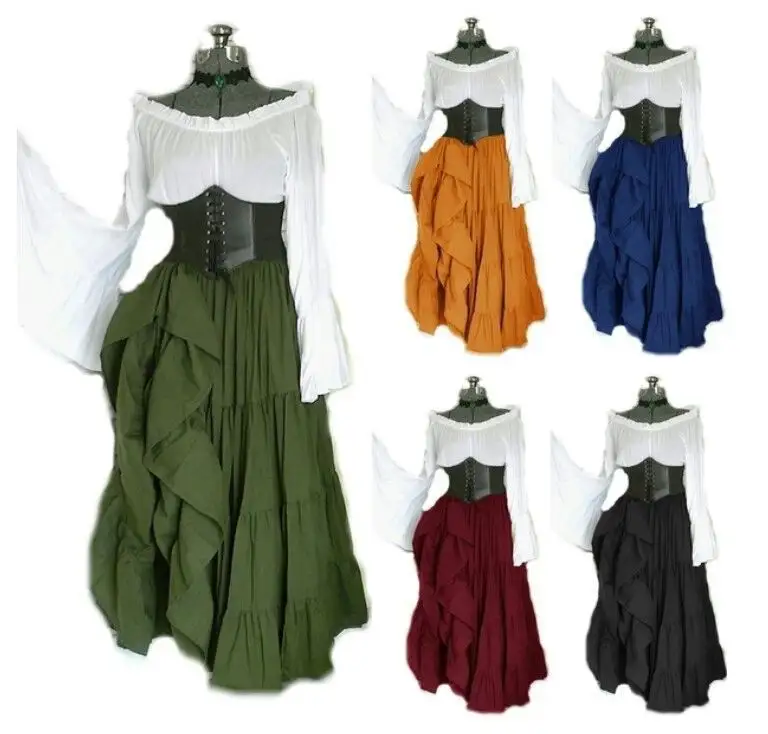 بيج فستان نسائي من العصور الوسطى ملابس تنكرية للفتيات فستان فيكتوري عتيق من الفيكتوري بأكمام طويلة فستان ضيق بطيات