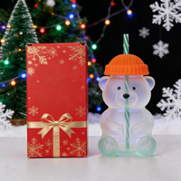 600 ml Ayı Şeklinde Meyve Suyu Kahve Şişesi Sevimli Renkli Vidalı Kapaklı Pipetli Buzlu Yarı Saydam Gradyan Renkli Spreyli Noel