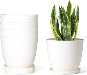 6.5 "Plastic Plant Pots Planters Plásticos Modern Flower Pot com furo de drenagem Planta Copos para plantas com Pires Conjunto interior de 5