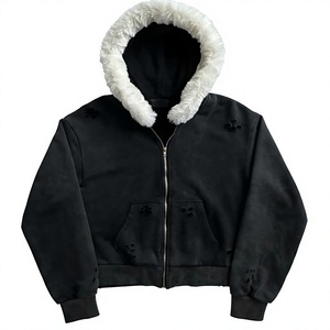 Chaqueta de Forro Polar con Capucha Extra Grande para Hombre, con Ribete de Piel Blanca, Cierre de Cremallera Frontal, Ropa Casual de Invierno, Corte Regular, Color Negro Sólido - Product Image 1