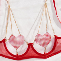 Nouvel ensemble de lingerie sexy 3 pièces pour femme, avec jarretières en maille transparente et chaîne d'amour, style exotique et poitrine exposée