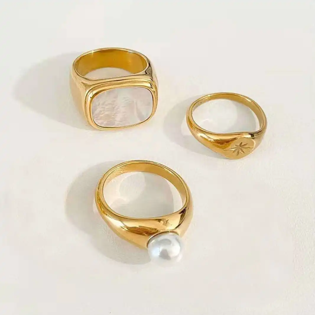 Anillo Único rectangular de perlas de agua dulce para mujer y hombre, sortija Croissant de acero inoxidable con plataforma IP de oro de 18K