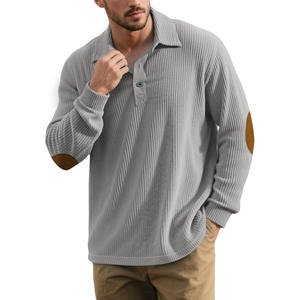 Polo à manches longues côtelé pour homme avec col boutonné et empiècements aux coudes pour un style décontracté en automne et en hiver - Product Image 4