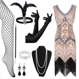 1920s Retro <b>Sequined</b> Fringe Dress V-neck Sheath Evening Gown With Accessories Size S-4XL - Product Image 2