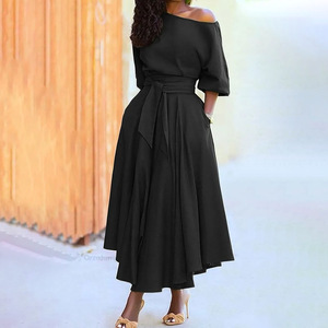 Vestido Midi Casual Elegante de Verão com Ombro Único, Cintura Alta, Assimétrico e Cor Sólida Estilo Vintage - Product Image 4
