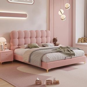 Kinderbed <span class=keywords><strong>Cream</strong></span> - Meisjes Bubble Princess Modern Minimalistisch Zacht Matras Enkelbed Lamvel Effen Puff Stof Bed - Product Image 2