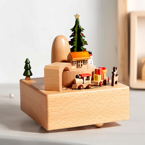 Boîte à musique en bois pour gâteau d'anniversaire avec lapin et train, cadeau musical rotatif à manivelle pour enfants, <span class=keywords><strong>Noël</strong></span> - Product Image 3