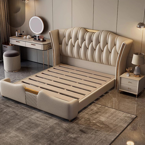 Muebles de dormitorio de lujo italianos para el hogar, camas modernas de <span class=keywords><strong>madera</strong></span> de metal dorado, tamaño King, <span class=keywords><strong>cabecero</strong></span> de cuero, sábanas tapizadas, tamaño King - Product Image 4
