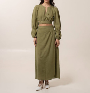 Set Estivo da Donna in <span class=keywords><strong>Lino</strong></span> Marrone, 2 Pezzi, <span class=keywords><strong>Camicia</strong></span> a Maniche Lunghe e Gonna Lunga a Vita Alta, OEM - Product Image 1