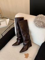 Bottes d'équitation montantes en cuir véritable à bout pointu et talon compensé pour l'hiver