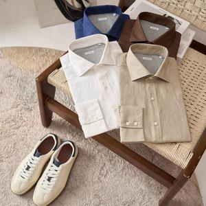 Chemise habillée ajustée pour <span class=keywords><strong>homme</strong></span>, en lin, décontractée et élégante, à manches longues, respirante, légère, douce, effet délavé, avec logo personnalisé - Product Image 6