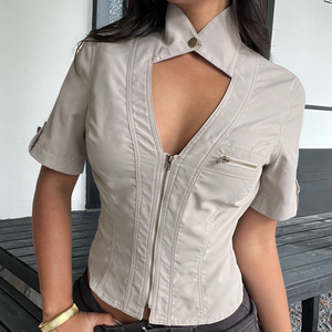 Camisa de mujer estilo utilitario con cremallera en el bolsillo, cuello con volantes, botones, manga corta, tejido transpirable, top de verano - Product Image 3