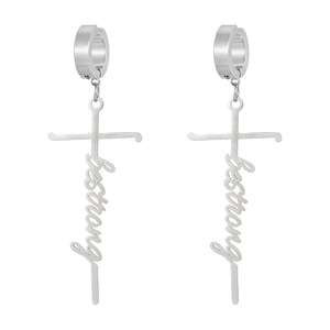Boucles d'oreilles à clip en forme de croix en acier inoxydable avec lettres anglaises pour oreilles non percées, bijoux à la mode - Product Image 5