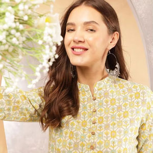 เสื้อคอจีนพิมพ์ลายดอกไม้ผู้หญิงผ้าฝ้าย - Product Image 1