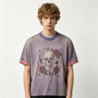 T-shirt Homme Vintage Lavage Violet Crâne Rose Emo Effet Vieilli Coton Épais Lavage Acide Motif Streetwear Fournisseur Principal
