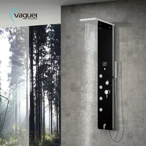 Panel de ducha con control de temperatura, LED digital, negro, chorros corporales, botón de cristal