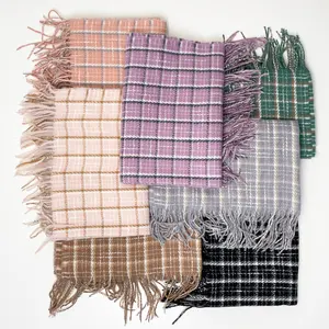 High Quality Long Fringe Woven Checked Pashmina Shawl Plaid Warm Cashmere Blanket Knit Polyester Scarfs Tassel For Women Stylish