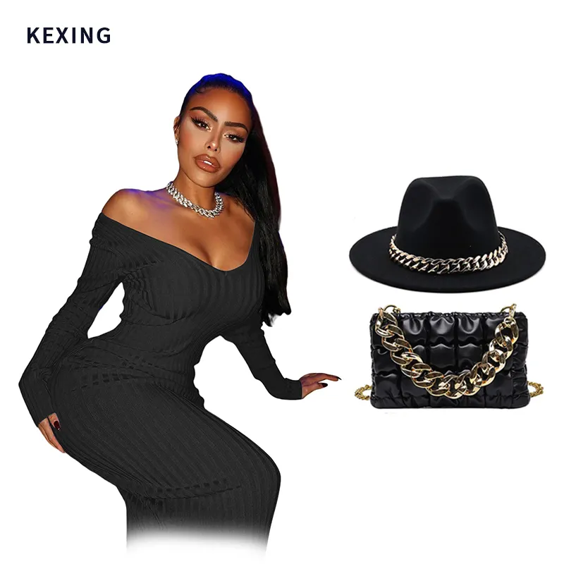 Hot Selling bodycon white ladies long plus size women casual sexy ladies dresses cute purse and hat set women