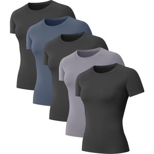 Women's Compression Shirts Short Sleeve Quick Dry Workout Tops Crew Neck Athletic Baselayer Yoga Gym Running T-Shirt 5-Pack - Product Image 1