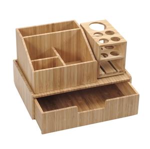 Organizador de maquillaje de bambú <span class=keywords><strong>Combo</strong></span> completo que INCLUYE: Soporte de cepillo de 5 secciones, carrito cosmético de 4 compartimentos y cajón - Product Image 1