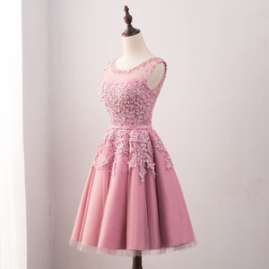 Women's Pink Tulle Cocktail Dress O-Neck A-Line Floral Embroidery Fitted For Banquet Birthday Party Graduation - Product Image 3