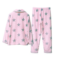 Ensemble de pyjama d'hiver en flanelle pour femmes, imprimé étoiles roses, doux et thermique, manches longues, boutons sur le devant, longueur intégrale, tenue de détente