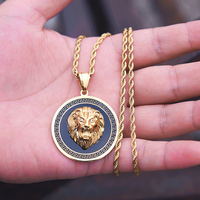 Collier Tête de Lion pour Homme en Acier Inoxydable Plaqué Or 18 carats, avec Diamants Noirs et Zircons Cubiques (CZ) Ronds, Inoxydable