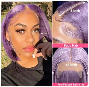 Pelucas Bob de Cabello Humano Morado Claro, 13x4, con Frente de Encaje, Cabello Virgen Remy para Mujer, Liso Sedoso, Encaje Transparente, Color Morado Humo - Product Image 4