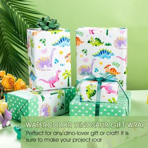 Rollo de papel de regalo con diseño de dinosaurios, 17 pulgadas x 16.5 pies, papel artístico verde con patrón de lunares de dinosaurios para envolver regalos de cumpleaños o baby shower - Product Image 2