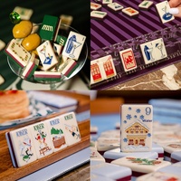 Tuiles de Mahjong en Acrylique Empire State Building, Style Américain, Jaune Vert Bleu, Finition Frotteuse à la Main, Ensemble Personnalisé Trois Couches