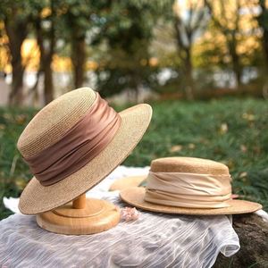 Wholesale Female Straw <b>Hat</b> With Satin Ribbon Wide Brim Sun Beach <b>Hat</b> Summer French <b>Flat</b> Top Bowler Straw <b>Hat</b> - Product Image 6