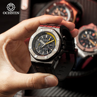 Montre mécanique automatique pour homme, chronographe multifonctionnel, étanche, boîtier en acier inoxydable, aiguilles, bracelet en silicone de luxe
