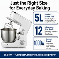 Robot pâtissier multifonction 5L 1000W avec contrôle de vitesse progressif MIN MID MAX, bol en acier inoxydable pour la pâtisserie à domicile