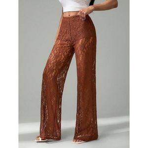 Women's Floral <b>Lace</b> Sheer Straight Leg Pants Natural Waist Club Wear - Product Image 6