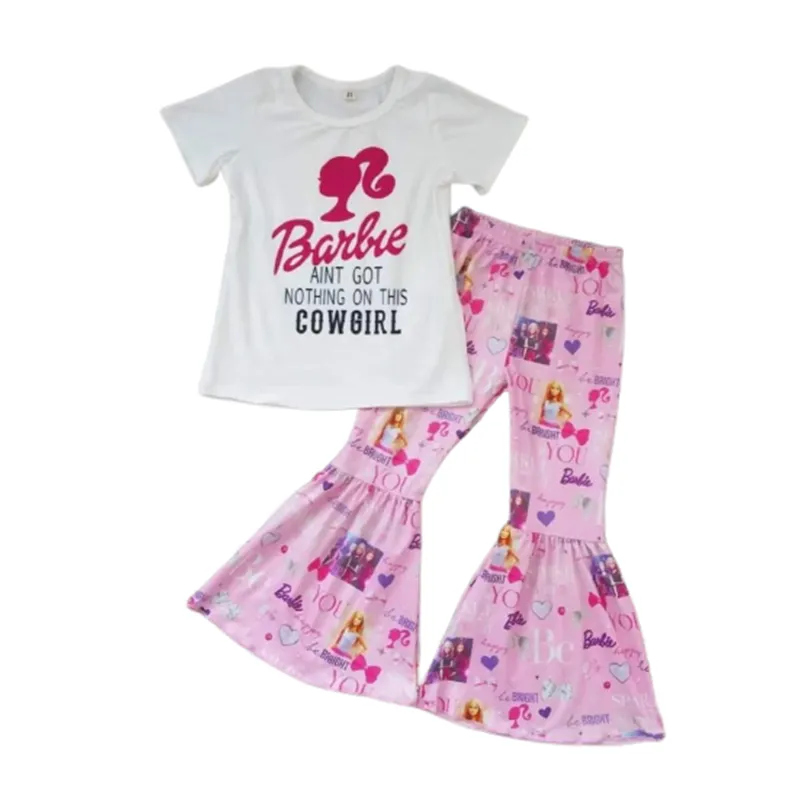 Boutique Print Korte Mouw Top Roze Bel Broek Bottom Sets Kids Meisje Kleding Outfit