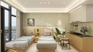 Fabricante de Foshan, Juego de Muebles de Dormitorio Doble Personalizado de Bajo Costo para Proyectos Hoteleros, con Cama de Madera, Armario, Mueble para TV y Mini Cocina - Product Image 5