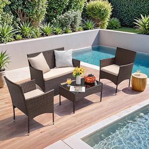 Luxury 4 Pieces Garden <b>Rattan</b> Furniture Set UV Resistant Wicker <b>Sofa</b> and Chairs with Soft Pillows for Hotel Patio Decking - Product Image 6