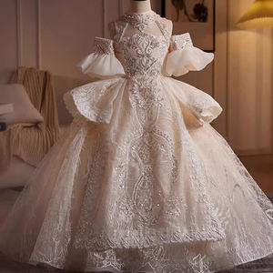 Abito Lussuoso da Cerimonia per Ragazza Color Champagne Elegante e Ampio con Ricamo in Pizzo a Spalle Scoperte per Compleanno - Product Image 2