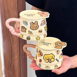 Cute Animal Graffiti <b>Ceramic</b> <b>Mug</b> With Lid, High Aesthetic Lovely Water Cup for Girls Students Office Daily Use - Product Image 3