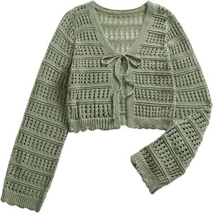 <span class=keywords><strong>SHENHE</strong></span> Cardigan court en maille bohème ajouré à nouer sur le devant pour femme, 100 % polyester avec doublure en laine, idéal pour l'été - Product Image 1