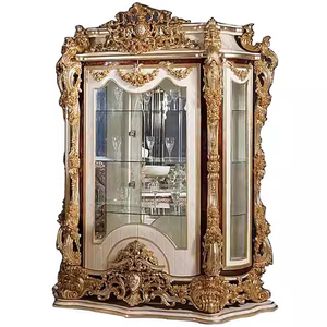 Gabinete de vino de madera para sala de estar antigua europea Gabinete de vidrio dorado tallado a mano de lujo - Product Image 4