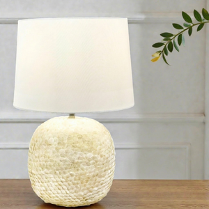 Lampe de table élégante faite à la main avec incrustation de nacre, LED électrique à intensité variable, culot E27, abat-jour personnalisable, blanc chaud 3500K - Product Image 1