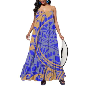최신 도매 플러스 사이즈 여성 의류 봄 새로운 패션 폴리네시아 사모아 문신 디자인 민소매 고삐 드레스 스커트 MOQ1