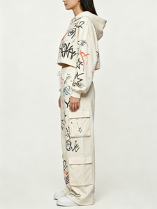 Leduo customized Women <b>Star</b> Graffiti Print Hoodie Set Short Hooded <b>Top</b> Loose Cargo Pants Streetwear - Product Image 2