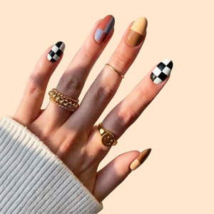 <span class=keywords><strong>Faux</strong></span> ongles tendance style INS, nouveauté célébrité en ligne, détachables, pré-conçus, courts, <span class=keywords><strong>couleur</strong></span> unie ton chaud, motif damier, à presser - Product Image 4