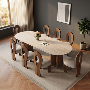 Luxury Modern Oval Wood Dining <b>Table</b> Set Minimalist Upholstered Chairs Made Indonesia Shipped Via Mail for Dining Rooms - Product Image 2