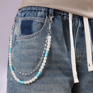 Chaîne de taille double couche en perles turquoise pour jeans, usage quotidien, chaîne de corps tendance en perles d'imitation - Product Image 1