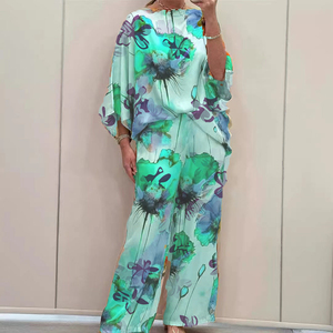 ชุดเซ็ต 2 ชิ้น แฟชั่นสำหรับผู้หญิง ลายดอกไม้ พิมพ์ลาย แขนค้างคาว ผ้าซาติน ทรงหลวม ไม่มีปก สไตล์วินเทจ รักษ์โลก กางเกงขายาว - Product Image 5