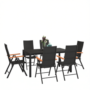 Conjunto de Comedor de Ratán Sintético y Aluminio WPC Negro y Marrón, 6 Plazas, Plegable, Muebles de Jardín para Exteriores, Estilo Contemporáneo - Product Image 1